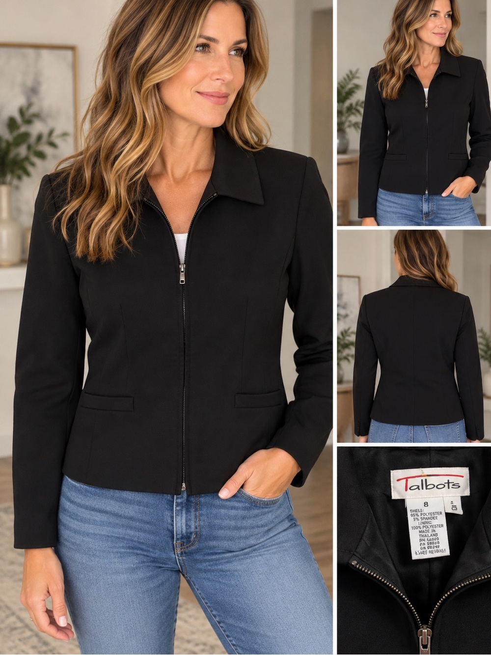 Talbots Black Zip Front Wool Blazer Size 4